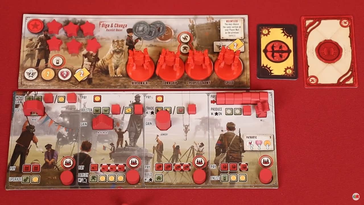 Scythe faction board and player mat setup | Source: Watch It Played Youtube