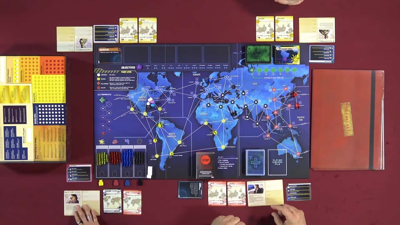 Setup of the 1st game in Pandemic Legacy: Season 1. Source: Boardgamegeek Youtube Channel