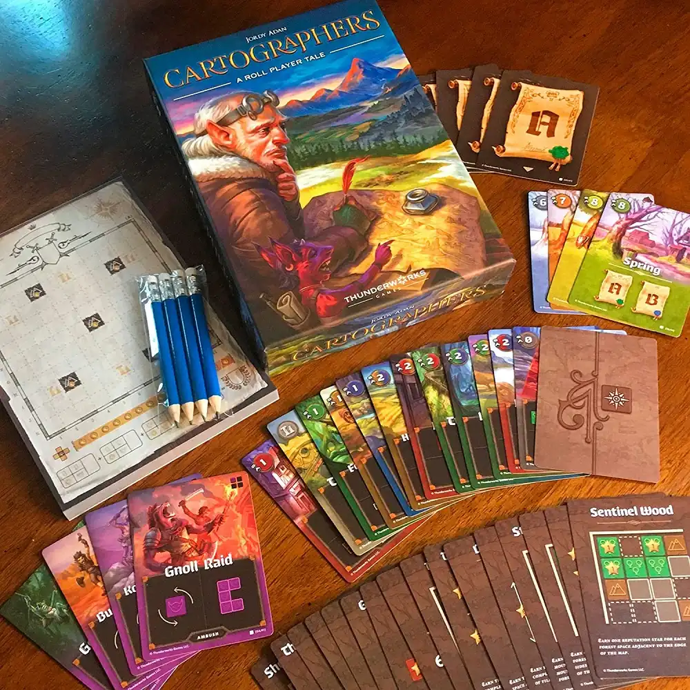 Cartographers (2019) board game set up | Source: Thunderworks Games