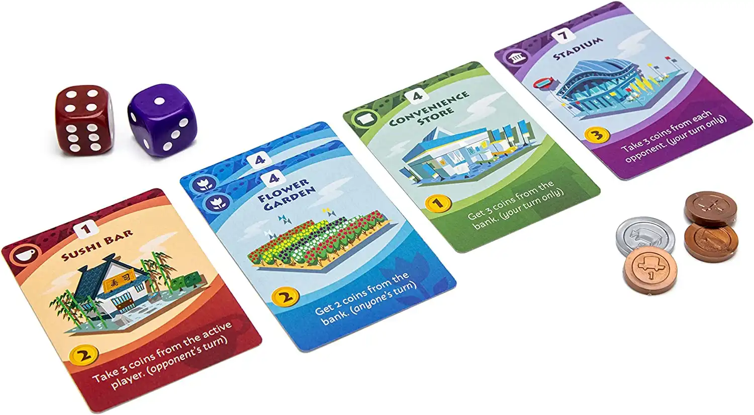 Machi Koro 2 (2021) board game cards, coins and dices | Source: Pandasaurus Game
