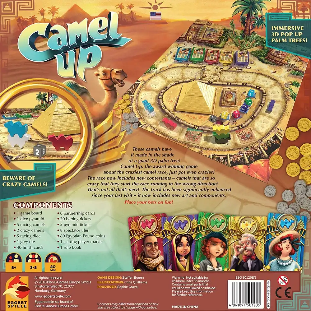 Camel Up (Second Edition) (2018) board game back box | Source: Plan B Next Move Gam