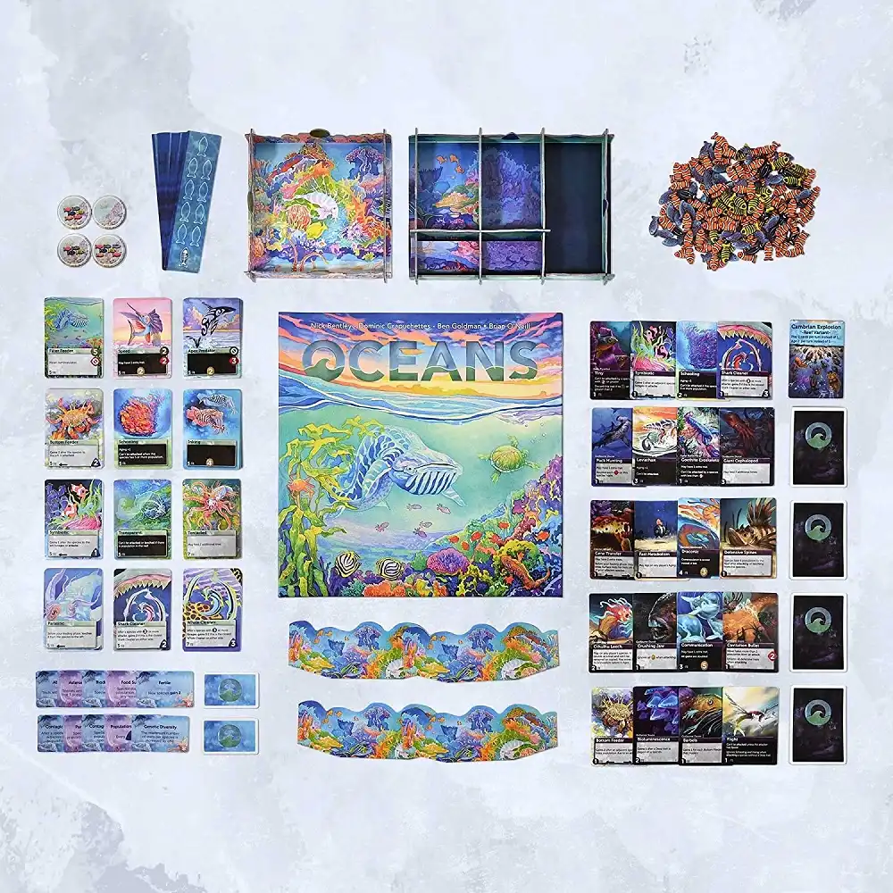 Oceans (2020) board game components | Source: North Star Games