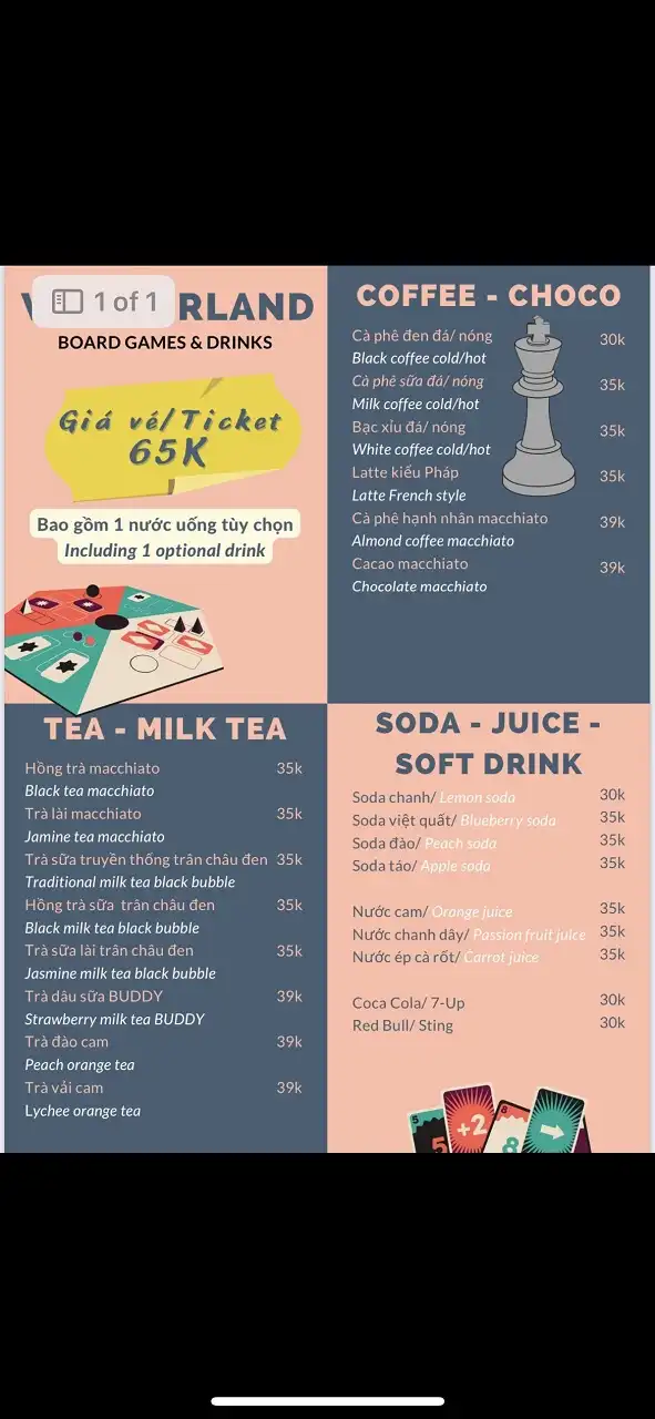 Wonderland Board Games & Drinks menu