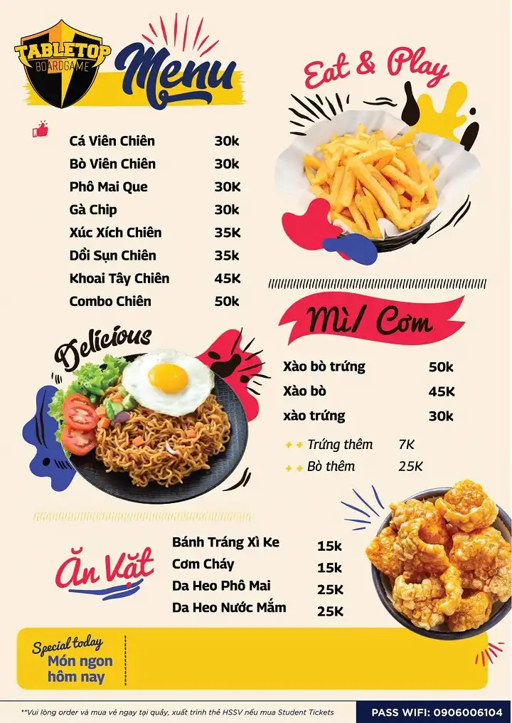 Menu ăn vặt của quán