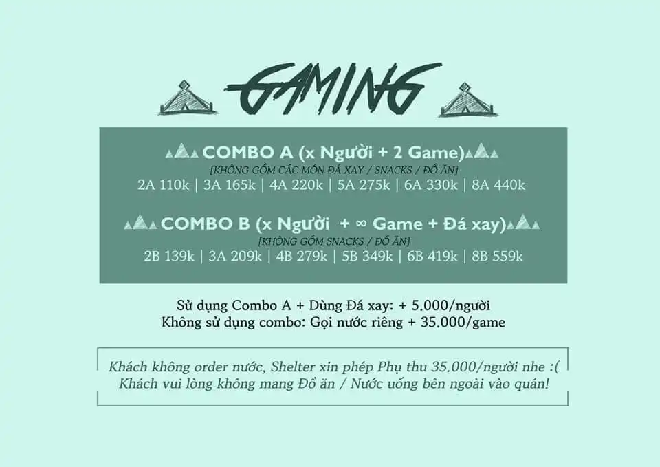 Menu combo nước của quán Board Game Shelter