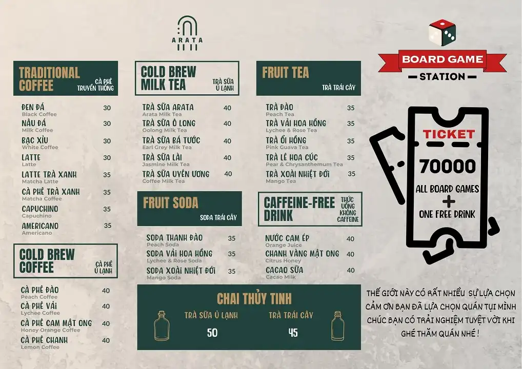 Menu nước của Arata Cafe, đối tác của quán Board Game Station