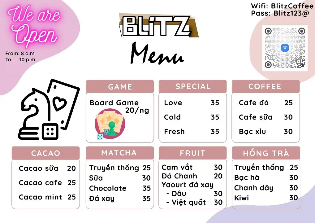 Menu nước và giá vé của quán board game Blitz Coffee