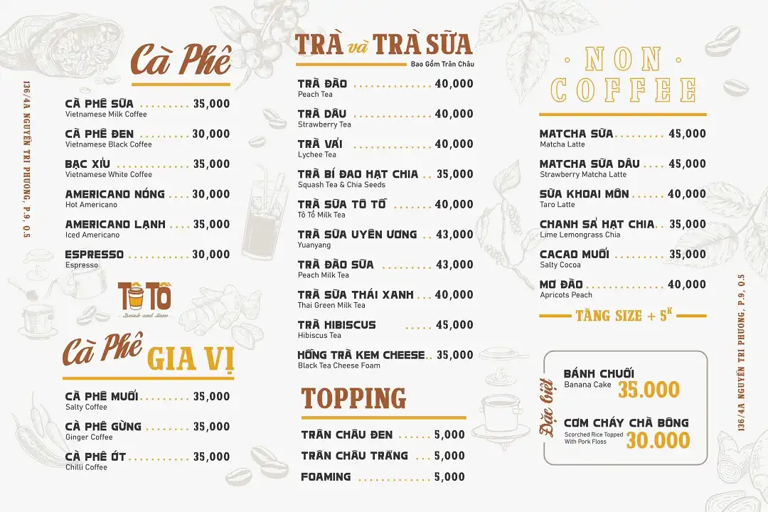 Menu nước của quán cafe board game Tô Tồ Drink & More