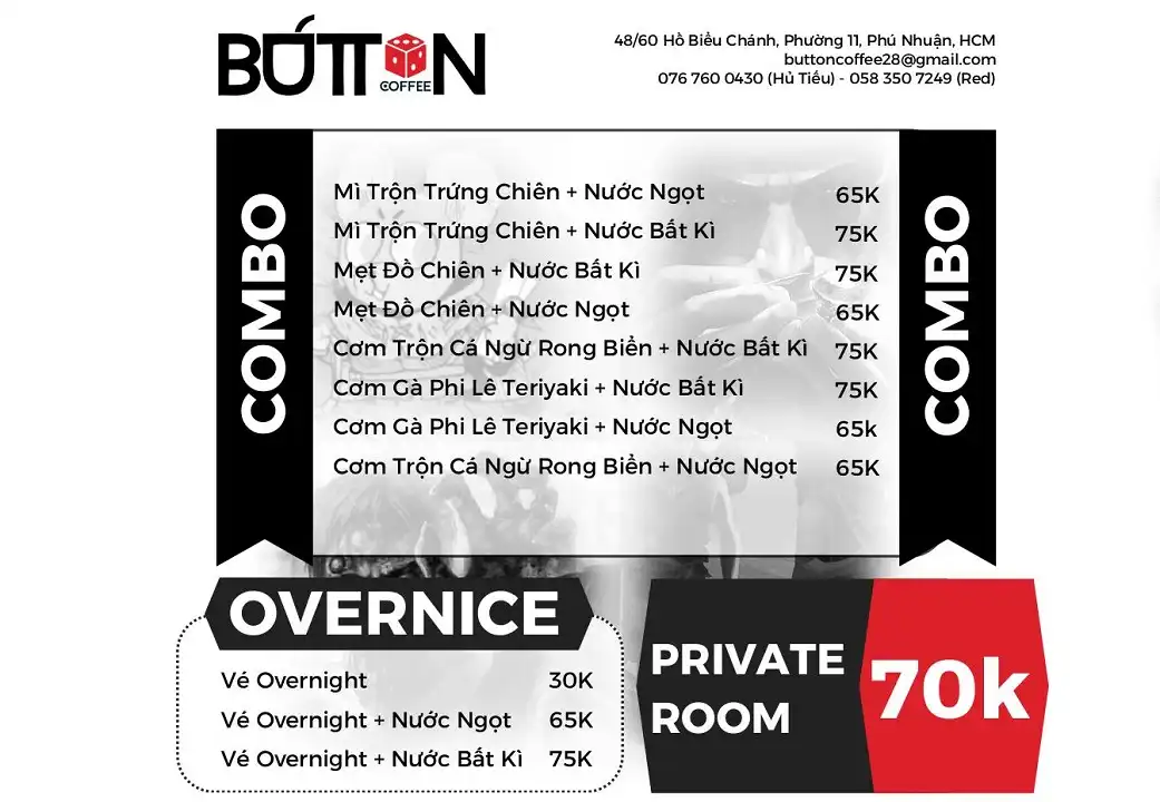 Food menu and private room fees of Button Coffee & Board Game